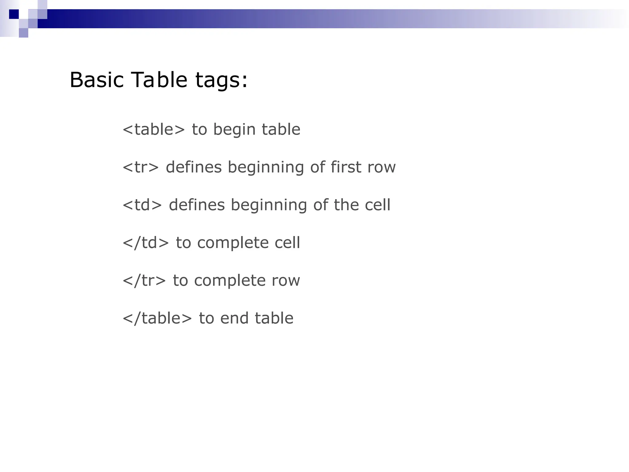<table> to begin table <tr> defines beginning of first row <td> defines beginning of the cell </td> to complete cell </tr> to complete row </table> to end table Basic Table tags: 