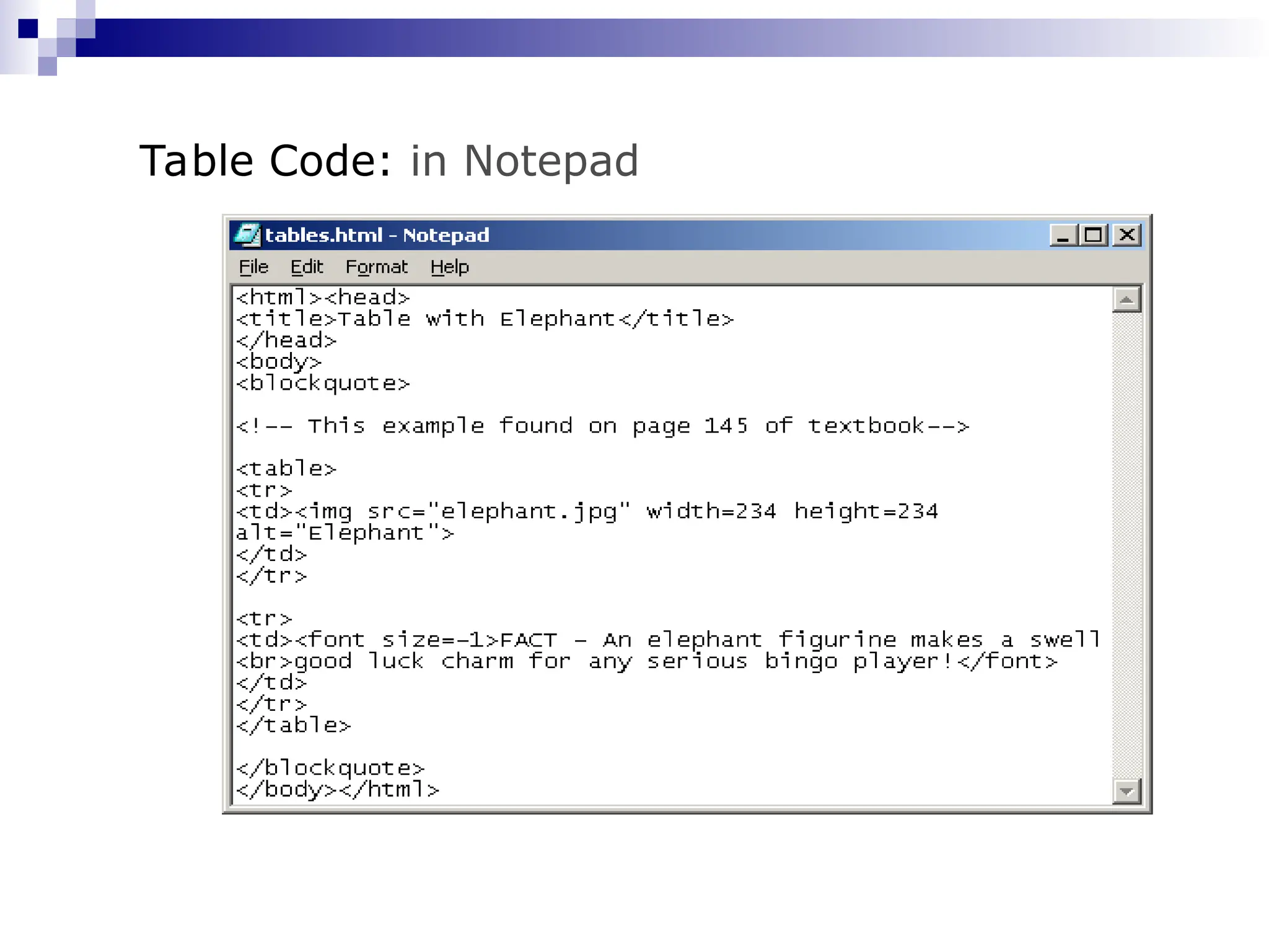 Table Code: in Notepad 