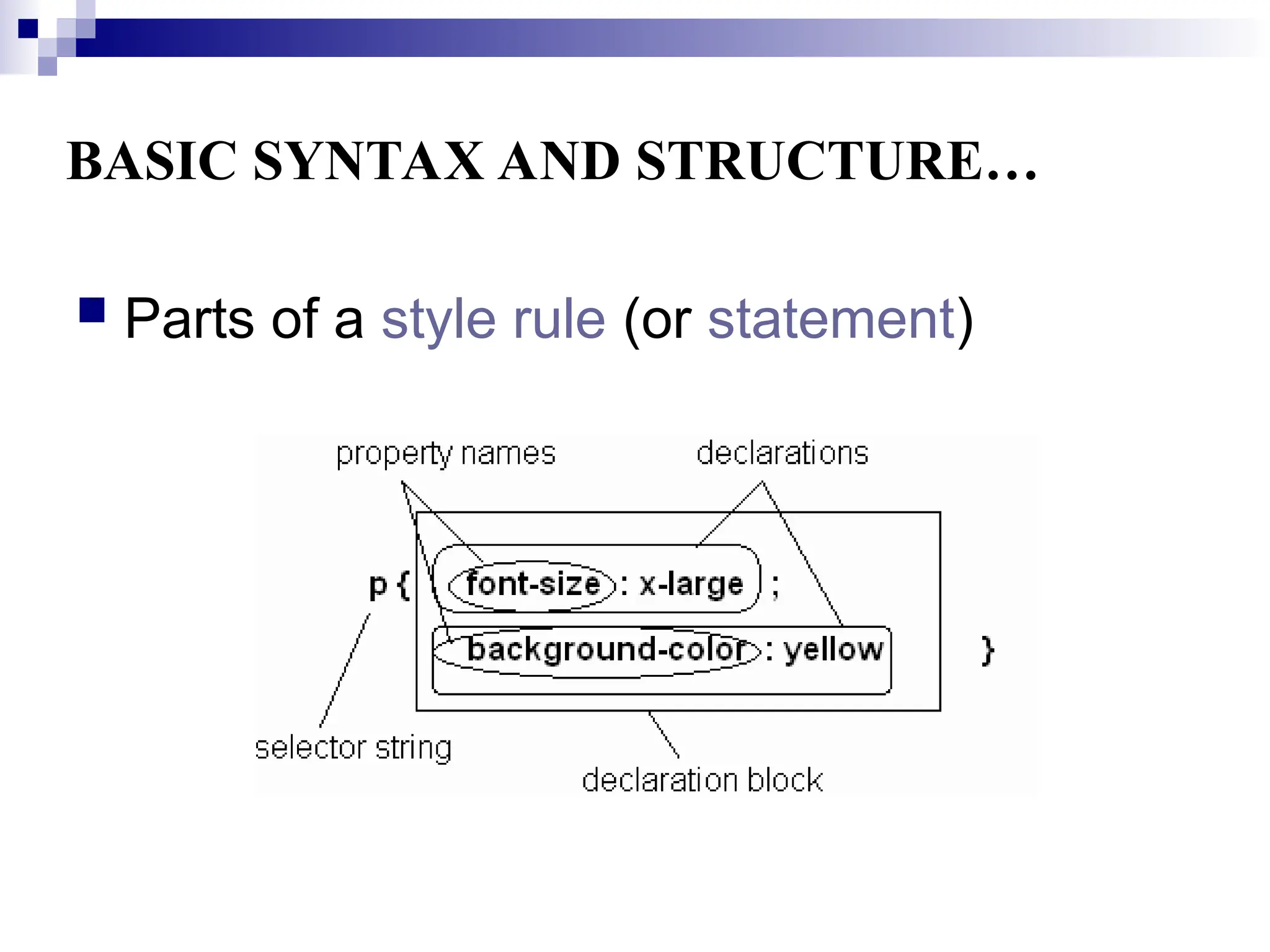 BASIC SYNTAX AND STRUCTURE…  Parts of a style rule (or statement) 