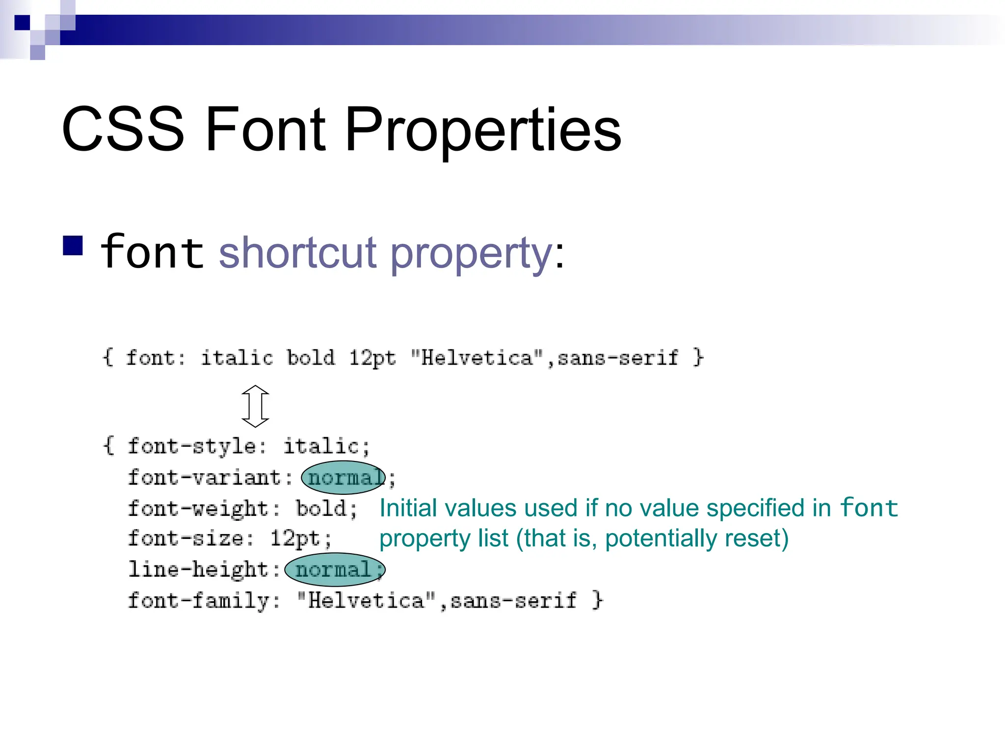 CSS Font Properties  font shortcut property: Initial values used if no value specified in font property list (that is, potentially reset) 