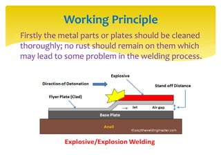  Firstly the metal parts or plates should be cleaned
thoroughly; no rust should remain on them which
may lead to some problem in the welding process.
Working Principle
 