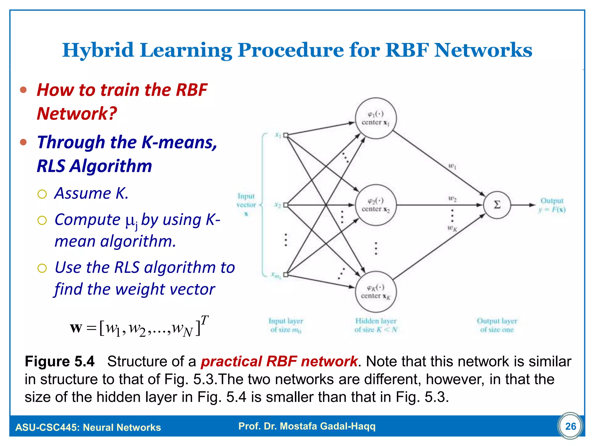 ASU-CSC445: Neural Networks Prof. Dr. Mostafa Gadal-Haqq
Hybrid Learning Procedure for RBF Networks
 How to train the RBF
Network?
 Through the K-means,
RLS Algorithm
 Assume K.
 Compute j by using K-
mean algorithm.
 Use the RLS algorithm to
find the weight vector
Figure 5.4 Structure of a practical RBF network. Note that this network is similar
in structure to that of Fig. 5.3.The two networks are different, however, in that the
size of the hidden layer in Fig. 5.4 is smaller than that in Fig. 5.3.
26
T
Nwww ],...,,[ 21w
 