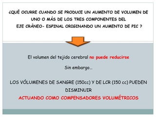 ¿QUÉ OCURRE CUANDO SE PRODUCE UN AUMENTO DE VOLUMEN DE
UNO O MÁS DE LOS TRES COMPONENTES DEL
EJE CRÁNEO- ESPINAL ORIGINANDO UN AUMENTO DE PIC ?
El volumen del tejido cerebral no puede reducirse
Sin embargo…
LOS VÓLUMENES DE SANGRE (150cc) Y DE LCR (150 cc) PUEDEN
DISMINUIR
ACTUANDO COMO COMPENSADORES VOLUMÉTRICOS
 