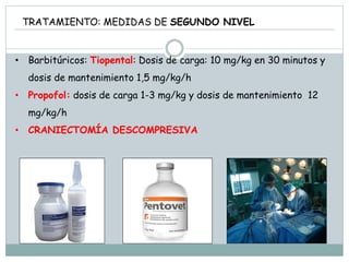 TRATAMIENTO: MEDIDAS DE SEGUNDO NIVEL
• Barbitúricos: Tiopental: Dosis de carga: 10 mg/kg en 30 minutos y
dosis de mantenimiento 1,5 mg/kg/h
• Propofol: dosis de carga 1-3 mg/kg y dosis de mantenimiento 12
mg/kg/h
• CRANIECTOMÍA DESCOMPRESIVA
 