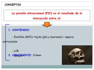 CONCEPTOS
La presión intracraneal (PIC) es el resultado de la
interacción entre el:
1. CONTENIDO:
- Encéfalo (80%): tejido (glía y neuronas) + espacio
extracelular
- LCR
- Sangre2. CONTINENTE: Cráneo
 