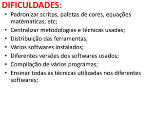 DIFICULDADES:
• Padronizar scritps, paletas de cores, equações
matématicas, etc;
• Centralizar metodologias e técnicas usadas;
• Distribuição das ferramentas;
• Vários softwares instalados;
• Diferentes versões dos softwares usados;
• Compilação de vários programas;
• Ensinar todas as técnicas utilizadas nos diferentes
softwares;
 