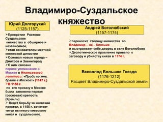 Владимиро-Суздальское
княжествоЮрий Долгорукий
(1125-1157) Андрей Боголюбский
(1157-1174)
Всеволод Большое Гнездо
(1176-1212)
Расцвет Владимиро-Суздальской земли
Превратил Ростово-
Суздальское
княжество в обширное и
независимое,
стал основателем местной
княжеской династии
Основал новые города –
Дмитров и Звенигород
С ним связано
первое упоминание о
Москве в Ипатьевской
летописи: «Приди ко мне,
брате в Москов!» (1147 г.)(1147 г.)
В 1156 гВ 1156 г.
по его приказу в Москве
была заложена первая
(сосновая) крепость
(Кремль)
 Ведет борьбу за киевский
престол, с 1155 г. сочетает
титул великого киевского
князя и суздальского.
переносит столицу княжества во
Владимир – на – Клязьме
и выстраивает себе дворец в селе Боголюбово
Деспотиическое правление привело к
заговору и убийству князя в 1174 г.
 