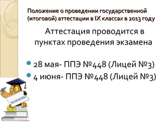 Положение о проведении государственной
(итоговой) аттестации в IX классах в 2013 году

    Аттестация проводится в
  пунктах проведения экзамена

28 мая- ППЭ №448 (Лицей №3)
4 июня- ППЭ №448 (Лицей №3)
 