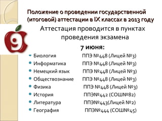 Положение о проведении государственной
(итоговой) аттестации в IX классах в 2013 году
    Аттестация проводится в пунктах
          проведения экзамена
                7 июня:
 Биология         ППЭ №448 (Лицей №3)
 Информатика      ППЭ №448 (Лицей №3)
 Немецкий язык    ППЭ №448 (Лицей №3)
 Обществознание   ППЭ №448 (Лицей №3)
 Физика           ППЭ №448 (Лицей №3)
 История          ППЭ№442 (СОШ№82)
 Литература       ППЭ№443(Лицей №2)
 География         ППЭ№444 (СОШ№45)
 