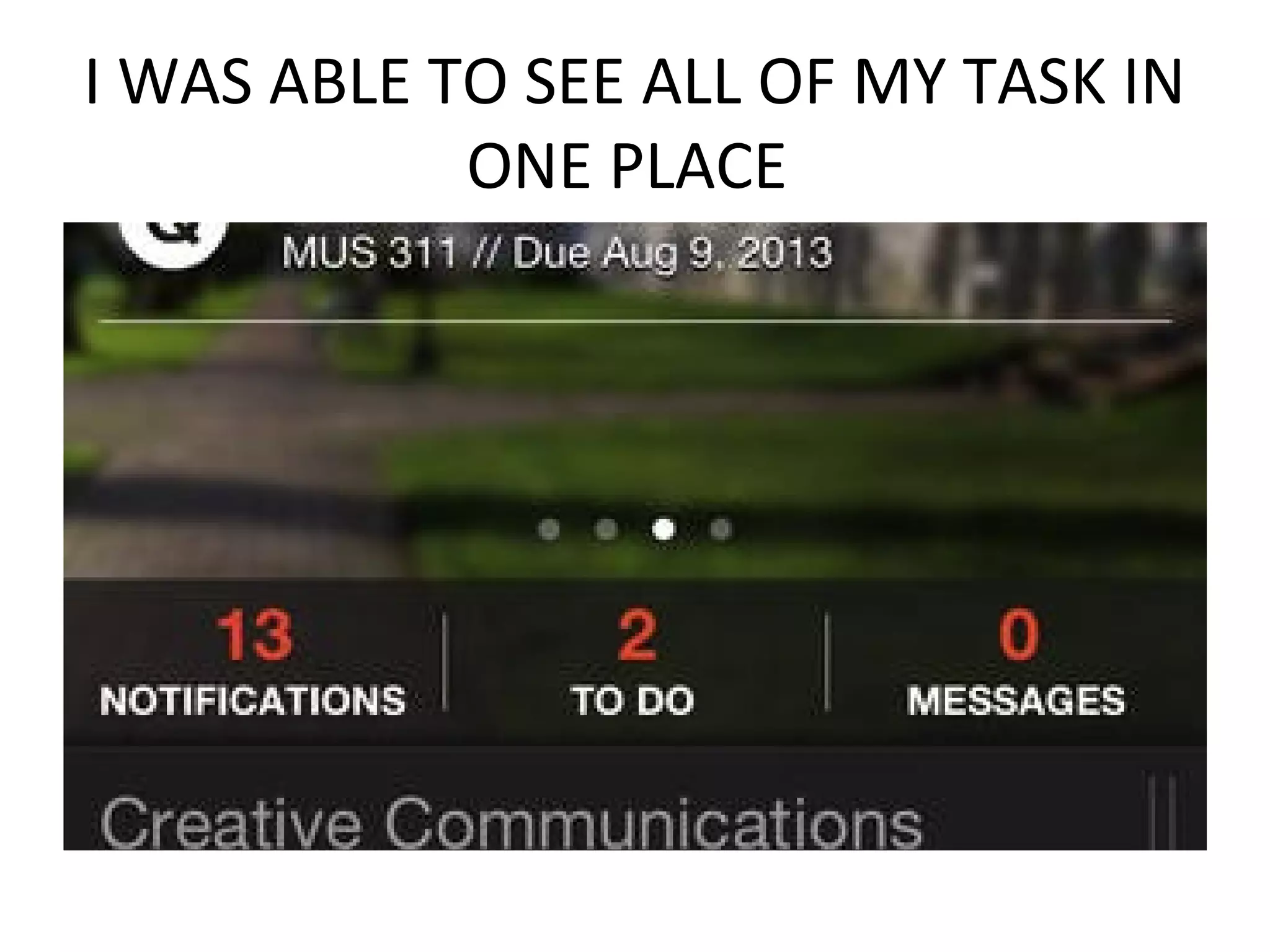 I WAS ABLE TO SEE ALL OF MY TASK IN
ONE PLACE