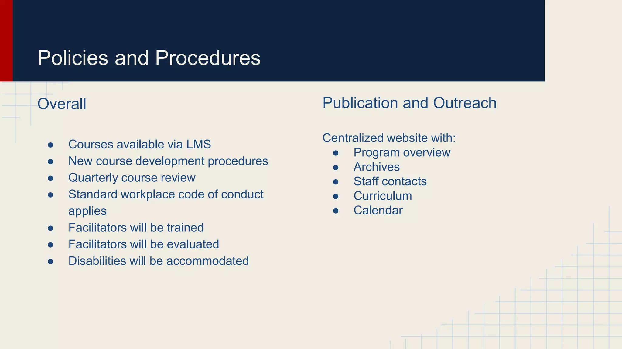 Policies and Procedures
Overall
● Courses available via LMS
● New course development procedures
● Quarterly course review
● Standard workplace code of conduct
applies
● Facilitators will be trained
● Facilitators will be evaluated
● Disabilities will be accommodated
Publication and Outreach
Centralized website with:
● Program overview
● Archives
● Staff contacts
● Curriculum
● Calendar
 