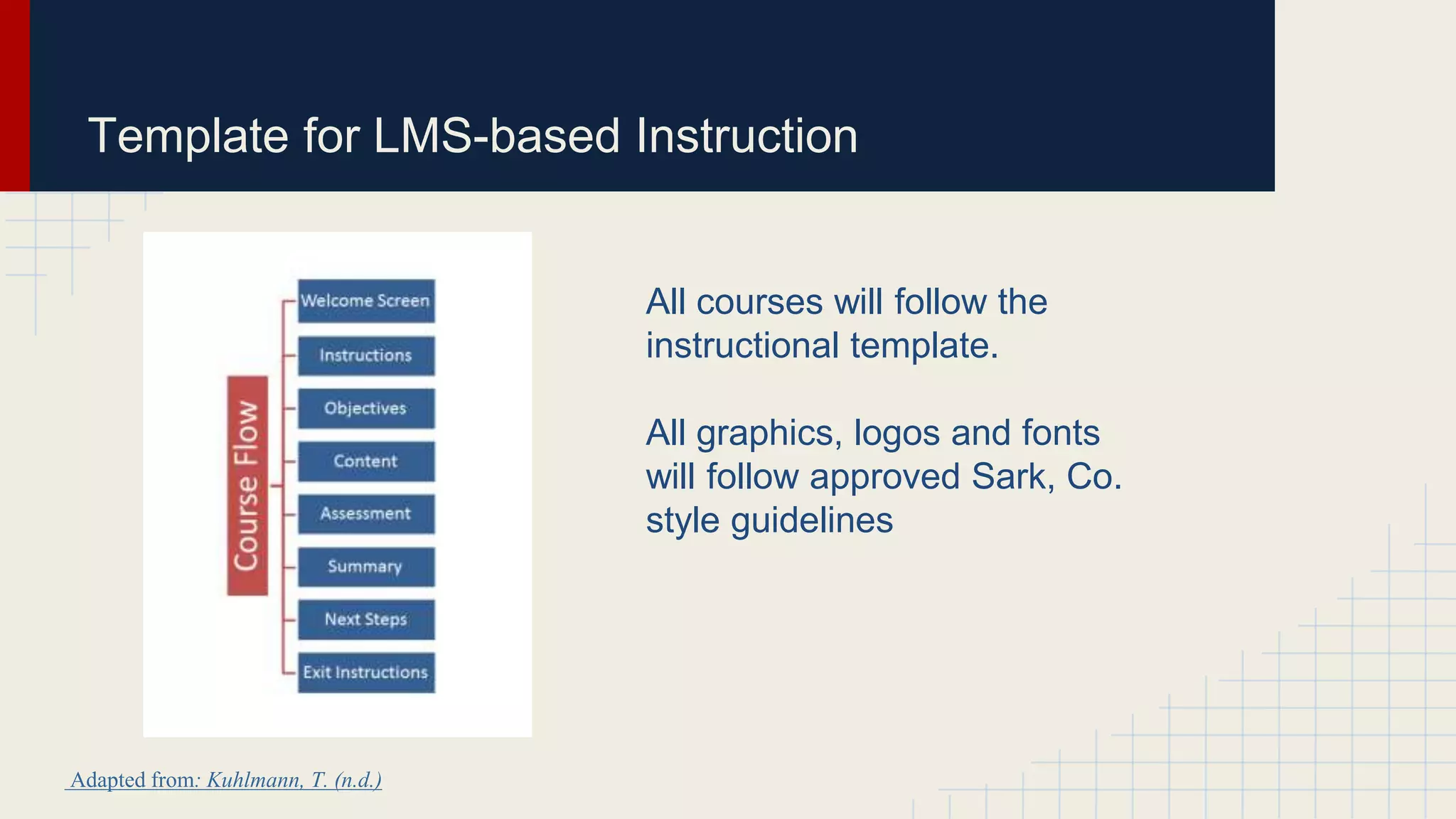 Template for LMS-based Instruction
All courses will follow the
instructional template.
All graphics, logos and fonts
will follow approved Sark, Co.
style guidelines
Adapted from: Kuhlmann, T. (n.d.)
 