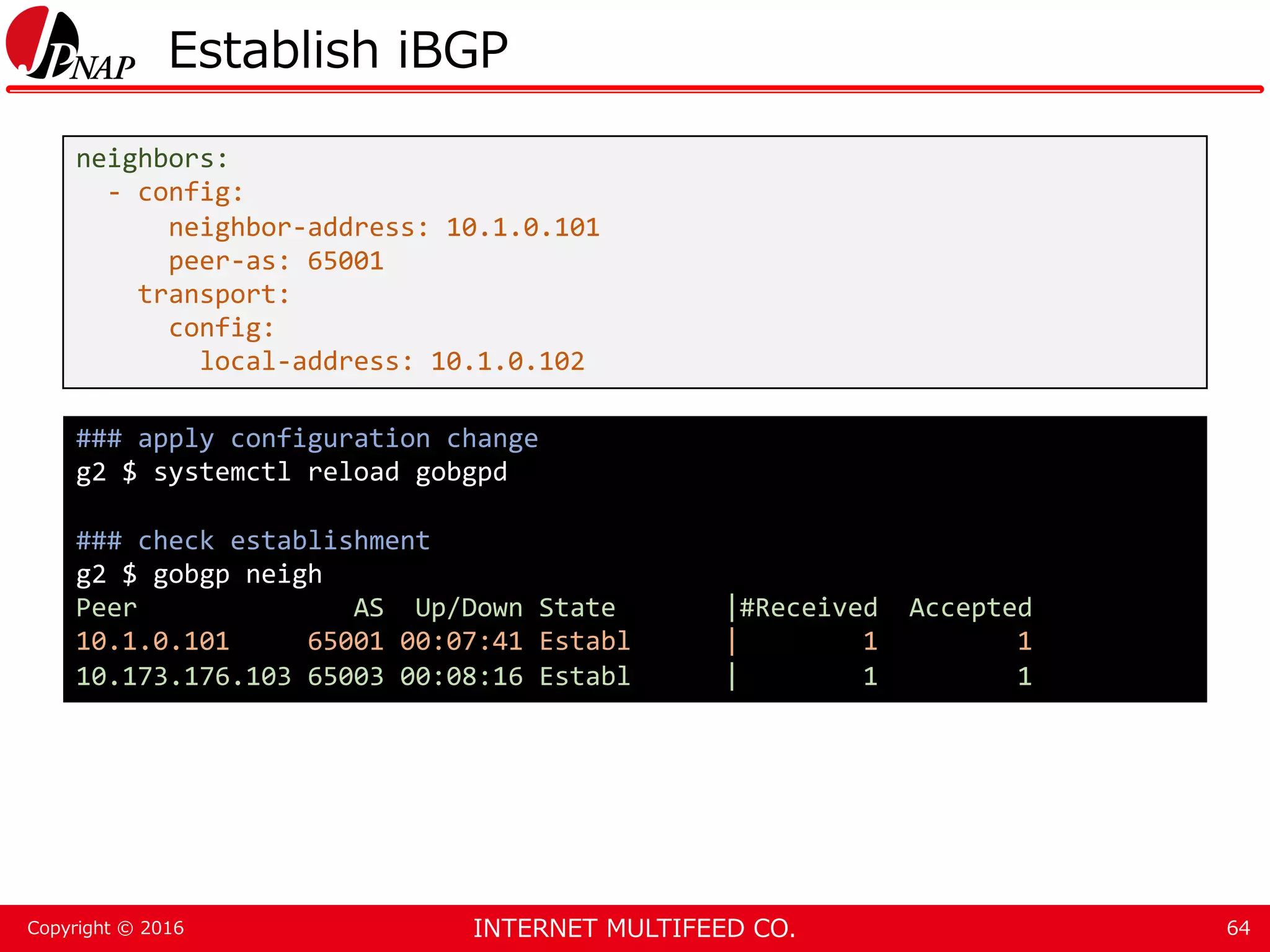 INTERNET MULTIFEED CO.Copyright © 2016 Establish iBGP 64 neighbors: - config: neighbor-address: 10.1.0.101 peer-as: 65001 transport: config: local-address: 10.1.0.102 ### apply configuration change g2 $ systemctl reload gobgpd ### check establishment g2 $ gobgp neigh Peer AS Up/Down State |#Received Accepted 10.1.0.101 65001 00:07:41 Establ | 1 1 10.173.176.103 65003 00:08:16 Establ | 1 1 
