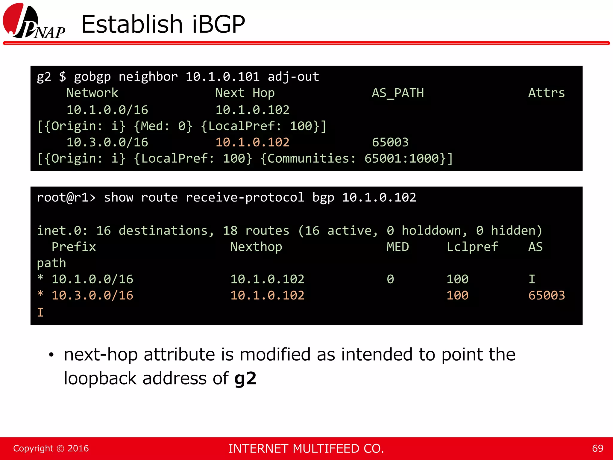 INTERNET MULTIFEED CO.Copyright © 2016 Establish iBGP • next-hop attribute is modified as intended to point the loopback address of g2 69 g2 $ gobgp neighbor 10.1.0.101 adj-out Network Next Hop AS_PATH Attrs 10.1.0.0/16 10.1.0.102 [{Origin: i} {Med: 0} {LocalPref: 100}] 10.3.0.0/16 10.1.0.102 65003 [{Origin: i} {LocalPref: 100} {Communities: 65001:1000}] root@r1> show route receive-protocol bgp 10.1.0.102 inet.0: 16 destinations, 18 routes (16 active, 0 holddown, 0 hidden) Prefix Nexthop MED Lclpref AS path * 10.1.0.0/16 10.1.0.102 0 100 I * 10.3.0.0/16 10.1.0.102 100 65003 I 
