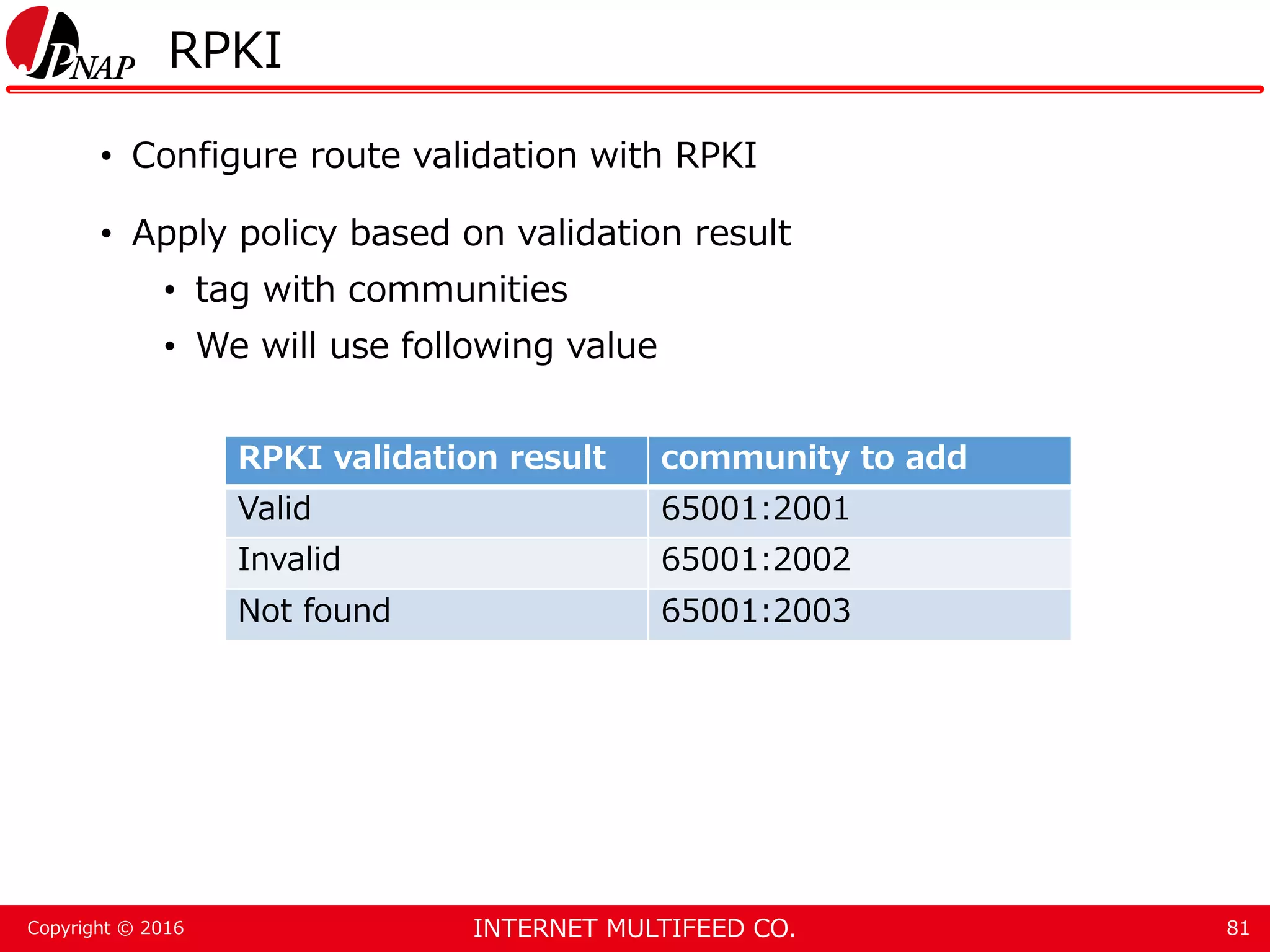INTERNET MULTIFEED CO.Copyright © 2016 RPKI • Configure route validation with RPKI • Apply policy based on validation result • tag with communities • We will use following value 81 RPKI validation result community to add Valid 65001:2001 Invalid 65001:2002 Not found 65001:2003 