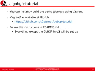 INTERNET MULTIFEED CO.Copyright © 2016
gobgp-tutorial
• You can instantly build the demo topology using Vagrant
• Vagrantf...