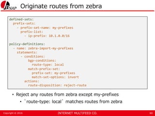 INTERNET MULTIFEED CO.Copyright © 2016
Originate routes from zebra
• Reject any routes from zebra except my-prefixes
• `ro...