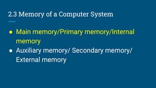 2.3 Memory of a Computer System
● Main memory/Primary memory/Internal
memory
● Auxiliary memory/ Secondary memory/
External memory
 