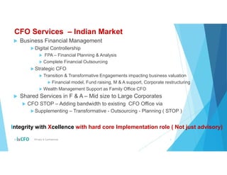 CFO Services – Indian Market
 Business Financial Management
 Digital Controllership
 FPA – Financial Planning & Analysis
 Complete Financial Outsourcing
 Strategic CFO
 Transition & Transformative Engagements impacting business valuation
 Financial model, Fund raising, M & A support, Corporate restructuring
 Wealth Management Support as Family Office CFO
 Shared Services in F & A – Mid size to Large Corporates
 CFO STOP – Adding bandwidth to existing CFO Office via
 Supplementing – Transformative - Outsourcing - Planning ( STOP )
© Private & Confidential 3
Integrity with Xcellence with hard core Implementation role ( Not just advisory)
 