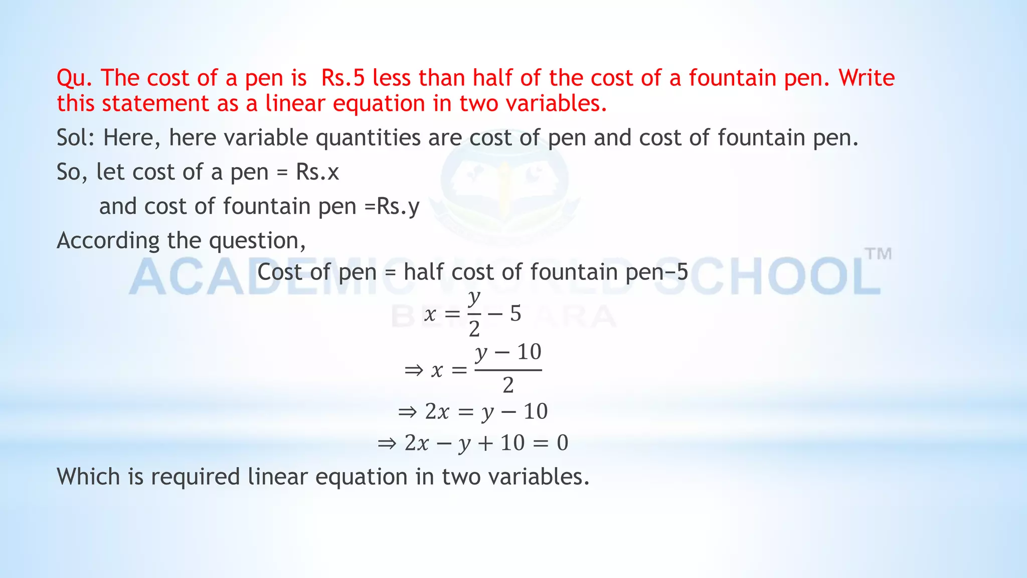 Class IX Linear Equations in Two Variables | PPTX
