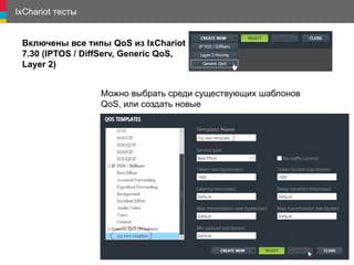 IxChariot тесты
Включены все типы QoS из IxChariot
7.30 (IPTOS / DiffServ, Generic QoS,
Layer 2)
Можно выбрать среди существующих шаблонов
QoS, или создать новые
 