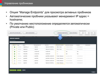 Управление пробниками
• Опция “Manage Endpoints” для просмотра активных пробников
• Автоматические пробники указывают менеджмент IP адрес =
hostname;
• По умолчанию местоположение определяется автоматически
(Private или Public)
 