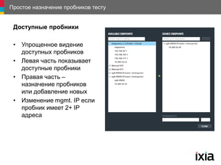 Простое назначение пробников тесту
Доступные пробники
• Упрощенное видение
доступных пробников
• Левая часть показывает
доступные пробники
• Правая часть –
назначение пробников
или добавление новых
• Изменение mgmt. IP если
пробник имеет 2+ IP
адреса
 