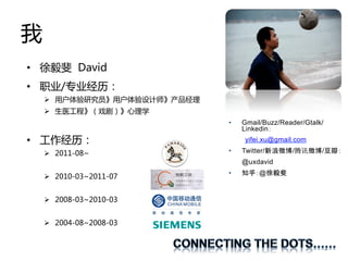 ??
??
     ???
     ???
           ??   Gmail/Buzz/Reader/Gtalk/
                Linkedin
??               yifei.xu@gmail.com

     ???   ??   Twitter/      /        /
                @uxdavid
           ??         @
     ???


     ???


     ???
 