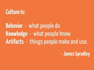 Culture is:

Behavior - what people do
Knowledge - what people know
Artifacts - things people make and use.
                          - James Spradley
 