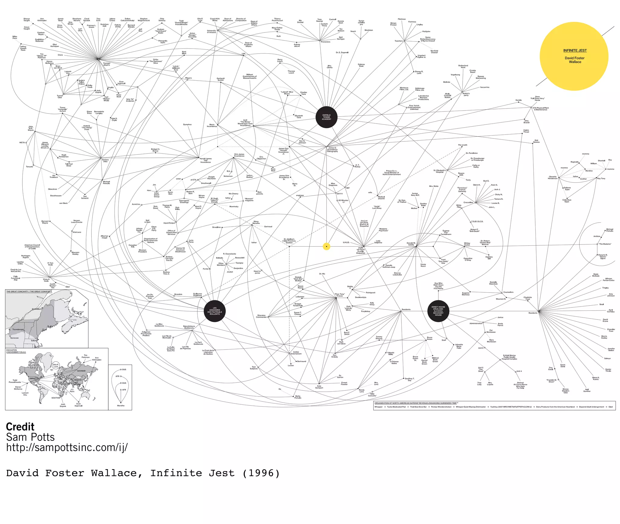 Credit
Sam Potts
http://sampottsinc.com/ij/

David Foster Wallace, Infinite Jest (1996)
 