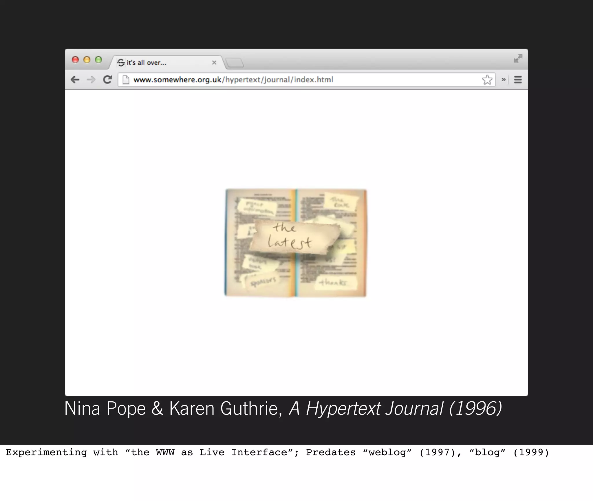Nina Pope & Karen Guthrie, A Hypertext Journal (1996)

Experimenting with “the WWW as Live Interface”; Predates “weblog” (1997), “blog” (1999)
 
