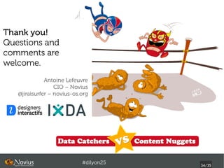 Content nuggets
For every ape, the Monkey application shares a content nugget
with the OS. Why “nugget”? Small and valuable: a piece of
content small enough to be re-used, yet meaningful.




                     #dilyon25
                                                          34/43
 