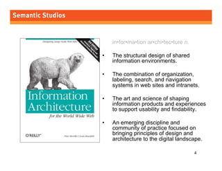 morville@semanticstudios.com




     in•for•ma•tion ar•chi•tec•ture n.

•    The structural design of shared
     information environments.

•    The combination of organization,
     labeling, search, and navigation
     systems in web sites and intranets.

•    The art and science of shaping
     information products and experiences
     to support usability and findability.

•    An emerging discipline and
     community of practice focused on
     bringing principles of design and
     architecture to the digital landscape.

                                           4
 