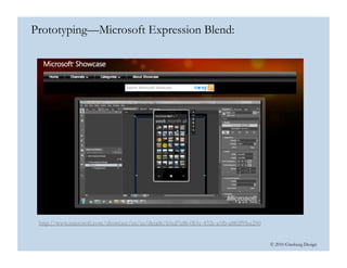 © 2010 Ginsburg Design
Prototyping—Microsoft Expression Blend:
http://www.microsoft.com/showcase/en/us/details/61ed7e86-0b1c-432e-a1fb-a882f95ec250
 