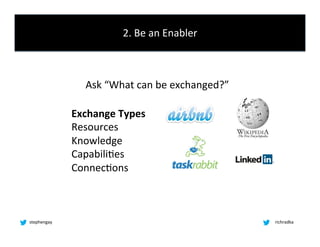 2.	
  Be	
  an	
  Enabler	
  



                    Ask	
  “What	
  can	
  be	
  exchanged?”	
  

                 Exchan...