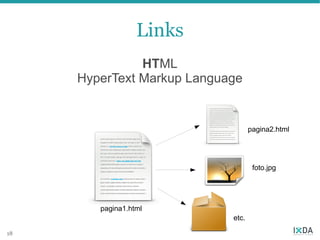 Links
               HTML
     HyperText Markup Language


                                   pagina2.html




                                    foto.jpg




        pagina1.html
                            etc.

18
 