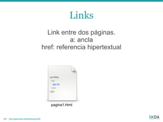 Links
                                             Link entre dos páginas.
                                                      a: ancla
                                           href: referencia hipertextual




                                              pagina1.html


20   http://glyphobet.net/blog/essay/206
 