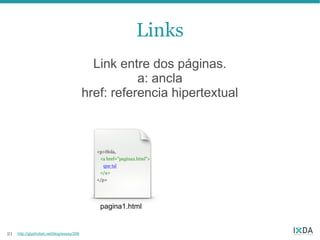 Links
                                             Link entre dos páginas.
                                                      a: ancla
                                           href: referencia hipertextual




                                              pagina1.html


21   http://glyphobet.net/blog/essay/206
 