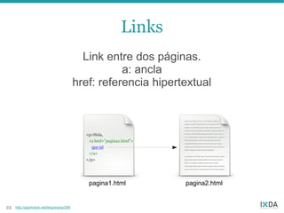 Links
                                             Link entre dos páginas.
                                                      a: ancla
                                           href: referencia hipertextual




                                              pagina1.html        pagina2.html


22   http://glyphobet.net/blog/essay/206
 