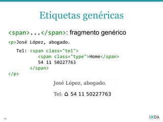 Etiquetas genéricas
     <span>...</span>: fragmento genérico
     <p>José López, abogado.
                   class="tel">
        Tel: <span class="tel">54 11 50227763</span>
     </p>       <span class="type">Home</span>
                54 11 50227763
             </span>
     </p>
                     José López, abogado.

                     Tel:   ☎ 54 11 50227763
                            ⌂


76
 