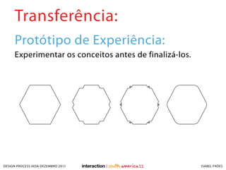 Transferência:
     Protótipo de Experiência:
     Experimentar os conceitos antes de finalizá-los.




DESIGN PROCESS IXDA DEZEMBRO 2011                       ISABEL FRÓES
 