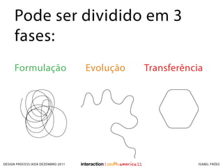 Pode ser dividido em 3
     fases:
     Formulação                     Evolução   Transferência




DESIGN PROCESS IXDA DEZEMBRO 2011                          ISABEL FRÓES
 
