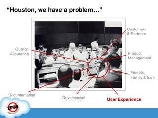 “ Houston, we have a problem…” Quality  Assurance Documentation User Experience Product Management Development Customers  & Partners Friends,  Family & Ex’s 
