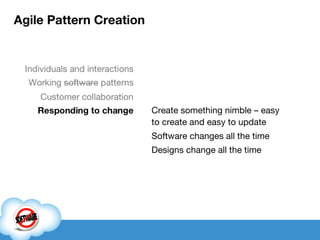 Agile Pattern Creation Create something nimble – easy to create and easy to update Software changes all the time Designs change all the time 