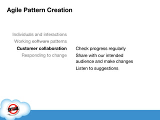 Agile Pattern Creation Check progress regularly Share with our intended audience and make changes Listen to suggestions 