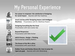 My Personal Experience
Our power to empower: the satisfaction of designing
for social impact Keynote with Ravi Sawhney

Smart and Beautiful: Designing Robots and Intelligent
Machines Presentation with Dr. Matthew Powers

Designing Everything But the Food
Presentation with Sara Cantor Aye

Beyond Responsive
Presentation with Nate Archer

IxD13 Cinema : Design + Thinking
Sponsored by Usability Matters

The Dream of the 90s is Alive
Presentation with Jason Brush

Rubber Ducks and Hockey Gloves (Or, how to jump the
ingenuity gap) Keynote with John Bielenberg
 