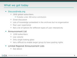 What we got today [email_address] 2600 global subscribers Probably under 200 active contributors Great discussion Lots of knowledge embedded in the archives but no organization Poor user experience Not a lot of options for different types of user interactivity Announcement List 1200 subscribers Low volume Only single looking glass Very difficult to enable larger group to have posting rights Limited Regional Announcement Lists See above 