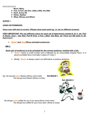 PES/ENG/IX/019
            Much, Many
          Few, A Few ,the few, Little,a little, the little
          Each, Every All
          Either, Neither
          What, Whose and Which

SUPER 1

USING DETERMINERS

Voice over with text on screen: (Please show each point eg. i,ii, etc on different screens)

VERY IMPORTANT- Pls use different colour for each set of determiners marked A, B, C, etc. Part
A (Some, Any) – Use Red. Part B (Few, a Few, Little)- Use Blue, etc There are SIX parts in all-
from A to F.

      •    ‘Some’ and ‘Any’(Show animated sentences)

   MM 2.

   -Each pair of sentence is to be animated for the correct sentence, marked with a tick.
         • ‘Some’ means a small number and is followed by an uncountable singular Noun, or a
             plural countable Noun (normally in place of ‘a few.’)

           •   Mostly, ’Some’ is always used in an affirmative or positive sentence.




Eg: He has got some flowers (Show a tick mark)          Ref.IMAGE I
            He has got any flowers (Show a cross)
                                                                           Ref. IMAGE II




 He will get some coffee for you if you want.(Show a tick mark)
              He will get any coffee for you if you want. (Show a cross)



                                                    3
 