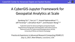 CyberGIS Center for Advanced Digital and Spatial Studies
A CyberGIS-Jupyter Framework for
Geospatial Analytics at Scale
Dandong Yin1,2, Yan Liu1,2,3, Anand Padmanabhan1,2,3,
Jeff Terstriep1,3, Johnathan Rush1,3, and Shaowen Wang1,2,3
1CyberGIS Center for Advanced Digital and Spatial Studies
2Department of Geography and Geographic Information Science
3National Center for Supercomputing Applications (NCSA)
University of Illinois at Urbana-Champaign
Practice & Experience in Advanced Research Computing (PEARC17)
July 11, 2017, New Orleans, Louisiana, USA
 