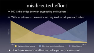 misdirected effort
 •         IxD is the bridge between engineering and business

 •         Without adequate communication they tend to talk past each other
Features




           expert                                                                                   beginner
                    Engineers choose features   Sales & marketing choose features   Utilised features


   •        How do we ensure that effort has real impact on the customer?
 